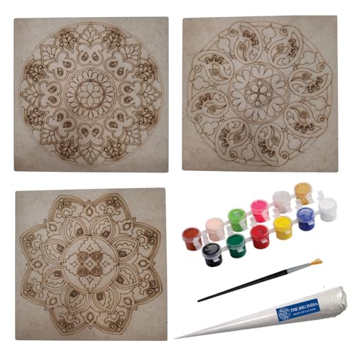 Image of Mandala Art Kit | 3 Premarked MDF Boards, 12 Acrylic Colors & 1 Ceramic Cone | DIY Painting Set for Kids & Adults | Mandala Dot Art & Home Decor Craft Kit