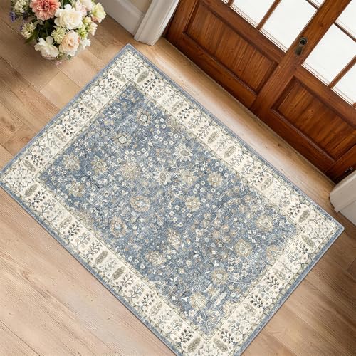 Image of XSIVOD Blue Washable Entryway Rug Indoor Door Mat, Small Boho Area Rugs for Kitchen Bathroom, Low Pile & Non-Slip Vintage Rug for Front Door Entrance Welcome Mat, Modern Farmhouse Design, 60x90 cm