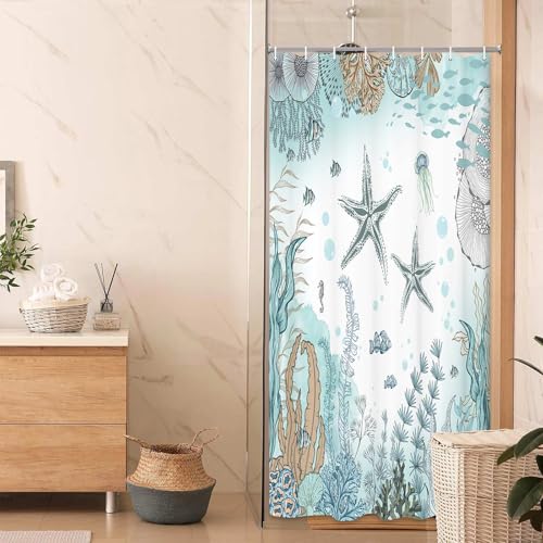 Image of Starfish Shower Curtain, Nautical Sea Animals Summer Shower Curtains for Kids, Teal Blue Ocean Beach Coastal Decorative Bathroom Curtain Sets Waterproof Fabric Machine Washable with Hooks