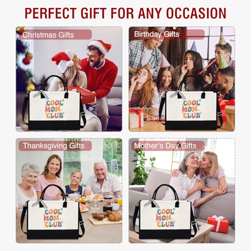 Image of XIKAINUO Mothers Day Gifts from Daughter Son, Cool Mom Club Canvas Tote Bag Shopping Bag with Zipper for Women Mother Birthday Christmas, Best Mom Ever Gifts Handbag Mom