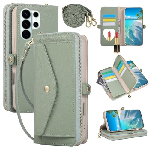 Étui portefeuille Galaxy S24 Plus vert avec fermeture éclair et bandoulière amovible