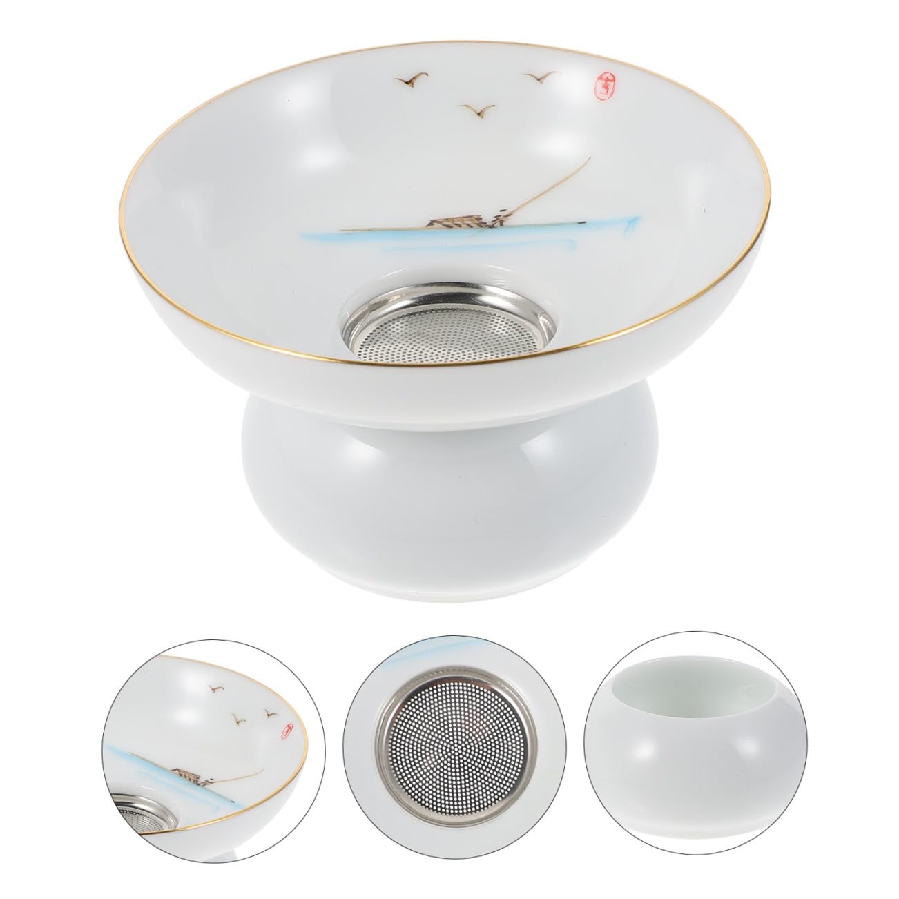 DOITOOL Filtre à Thé en Céramique Dessinée la Main avec Support en Acier Inoxydable, Infuseur Réutilisable pour Maison et Bureau, Style Antique pour Infusion