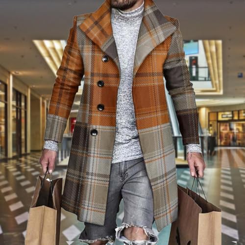 LOAIHA Men's Casual Trench Coat Fashion Plaid Splicing Single Breasted Mid Length Peacoat Fall Winter Warm Jacket Outwear2