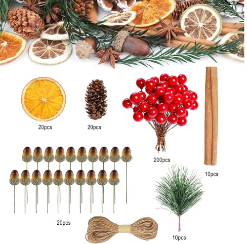 Wleozys 280 Pcs Christmas Wreath Accessories, Artificial Berries Orange Slices Pines Cones Acorn Cinnamon Sticks for Christmas Wreath Craft Party Decor - Image 2