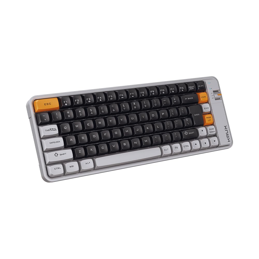 KRUX Zyro 75%, Bezprzewodowa klawiatura membranowa 84 klawisze, Bluetooth + 2,4 GHz + USB-C, cicha, układ US ANSI, Windows/Mac/Linux/Android, szaro-żółta, retro design