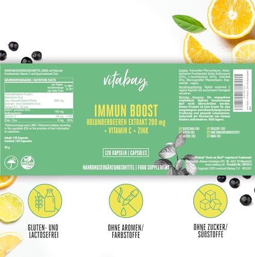Vitabay Immun Boost - mit Holunderbeeren Extrakt 200 mg, Vitamin C und Zink • 120 vegane Kapseln