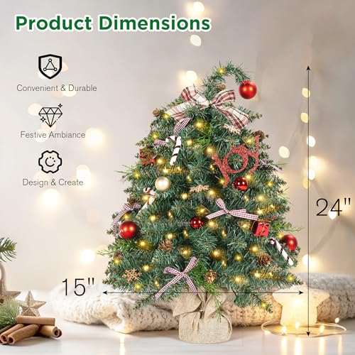 BRINJOY Árvore de Natal pequena de 61 cm, mini árvore de Natal de mesa com luzes LED e enfeites DIY,
