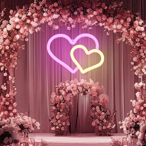 Image of Dual Heart Neon Signs for Wall Decor Led Neon Signs for Bedroom Wall Neon Lights for Home Party Wedding Bachelorette Parties Marriage Proposals Birthday Parties Christmas Decorations