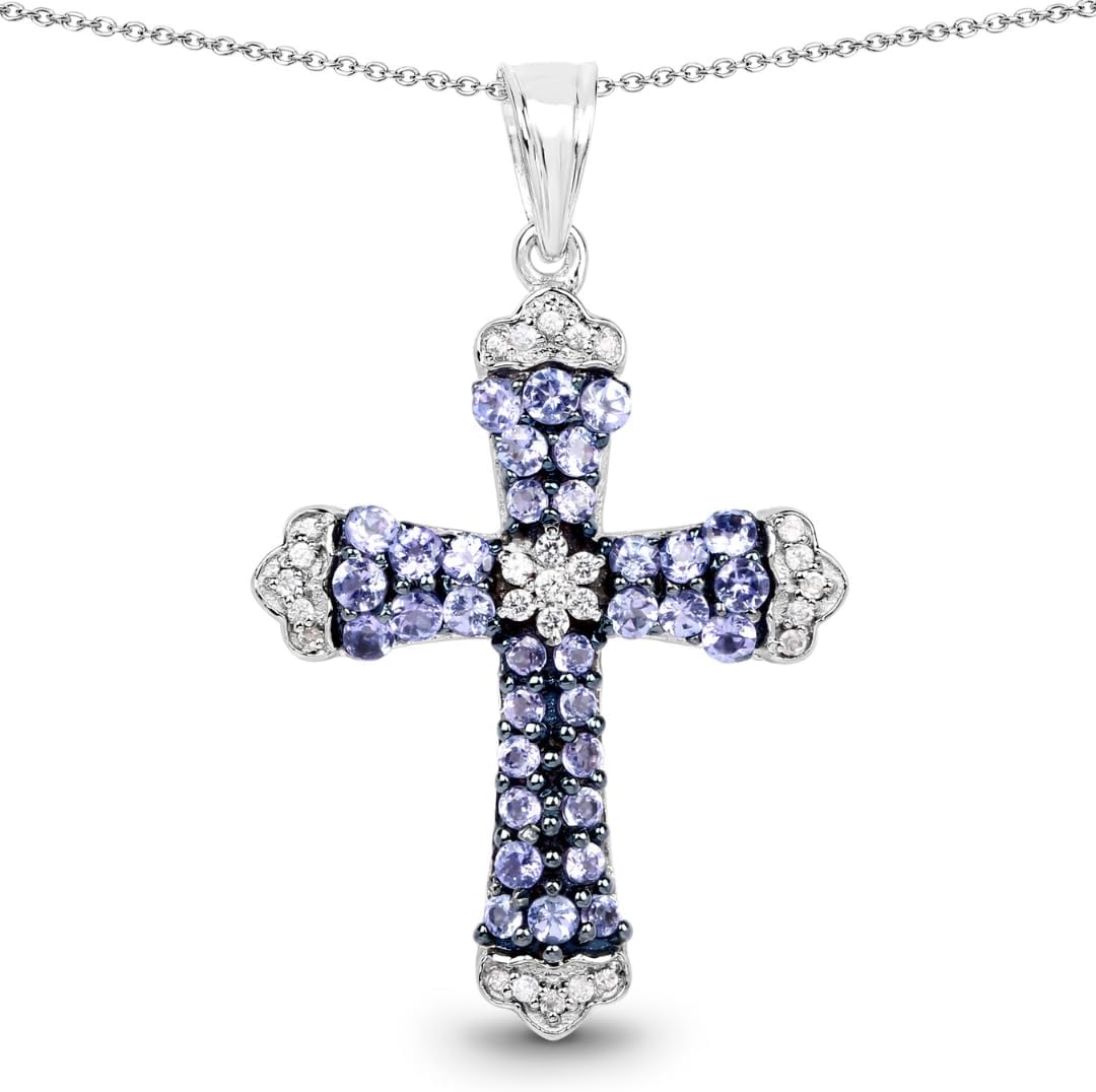 Fine Color Jewels Genuine Tanzanite Cross Pendant Necklace 925 Sterling Silver Rhodium Plated 61 Round Cut Stones 1.84 Carat Cable Chain Spring Ring Clasps