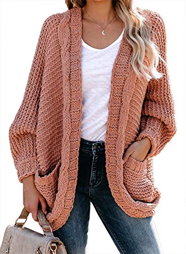 Dokotoo Womens Cardigans Ladies Fashion 2020 Winter Warm Cozy Open Front Pockets Solid Casual Loose Long Sleeve Chunky Cable Knited Cardigan Sweater Coats Jackets Pink Medium