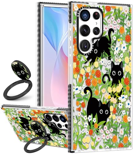 Boaretiu Cute Kawaii Case for Samsung Galaxy S24Ultra Phone Case with Kickstand - Fashion 360° Sticky Rotate Ring Holder Design for Women Girls Girly for Samsung Galaxy S24Ultra Case, Cat Flower