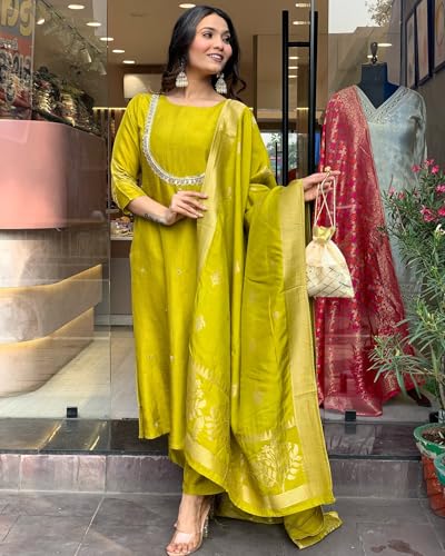 Image of GoSriKi Women's Silk Blend Straight Embroidered Kurta with Pant & Dupatta