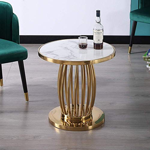 Table basse ronde en marbre blanc et structure design dorée de salon