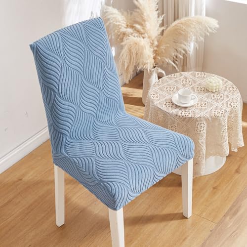 Image of HOMETHREADS Elastic Jacquard Chair Cover - Stretchable, Removable & Washable Short Dining Chair Slipcover | Durable Seat Protector for Kitchen, Dining Room & Banquet Chairs (Blue, Pack of 4)