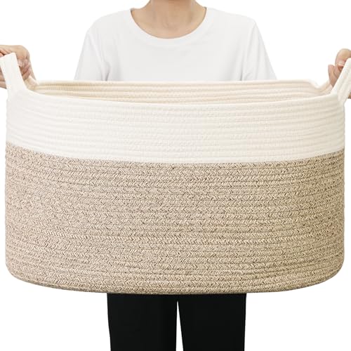PWVMWM Woven Storage Basket for Toys, Large Cotton Rope Storage Baskets for Blankets, Clothes, Towels, Laundry Room, Living Room 55x38x30 cm, 65L (White & Brown)