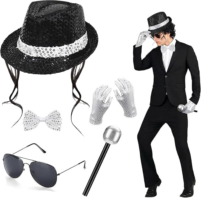 MJ Costume Accessories Adults Disco Costume Set 80s Dancer Rocker Star Cosplay Fancy Dress Accessories with Jazz Sequin Hat GloveTie King of Pop Fancy Dress Set for 80 Theme Party Carnival Dance Party โ image 1