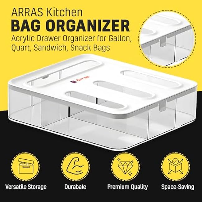 ARRAS Sandwich Bag Organizer I 4 Slot Baggie Organizer For Drawer I Sandwich Bag Storage I Food Storage for Snack, Sandwich I Wall Mount Included Baggie Holder