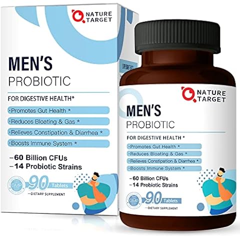 NATURE TARGET Probiotics for Men with Men Care Supplement, Prebiotics & Probiotic for Men's Digestive and Immune Health,60 Billion CFUs & 14 Strains Shelf Stable, Gluten & Soy Free (90 Tablets) Cover