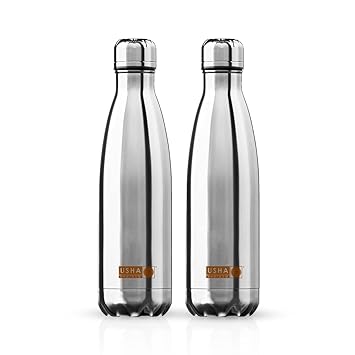 USHA SHRIRAM Insulated Stainless Steel Water Bottle 500 ML (Pack of 2)| Hot for 18 Hours, Cold for 24 | Water Bottle for Home, Office, and Kids | Rust-Free, Durable, and Leak-Proof (SS 500ml - 2Pcs)