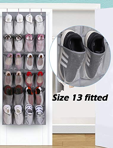 Misslo Over The Door Shoe Organizer Hanging Closet Holder Hanger Storage Bag Rack With 24 Large Mesh Pockets, Gray #TOP1