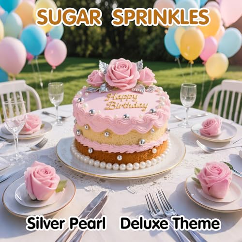 Image of Silver Pearl Sprinkles,Edible Pearl Sugar Sprinkle for Cake Decorating,130g /4.58oz Mix Size,Festival Baking Edible Cake Decorations,Cupcake Toppers,Cookie Decorating Donuts Ice Cream Toppings,Wedding Birthday Party Supplies