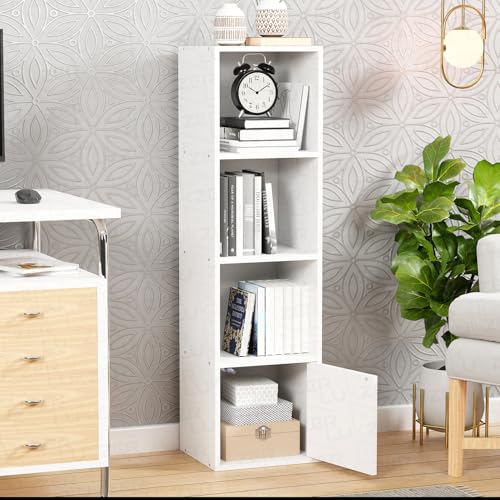 Lukzer 4 Layer Wooden Book Rack/Shelf/Stand | Multipurpose Storage Cabinet & Bookshelf with Open & Enclosed Shelves | Compact Organizer for Bedroom, Kitchen, Living Room & Office (MR-023/White)