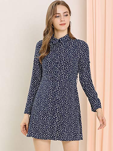 Allegra K Women's Ditsy Floral Long Sleeve Dresses Full Placket Point Collar Mini Shirt Dress Large Blue
