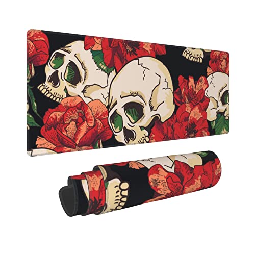 Tapis de bureau en forme de tête de mort rose et rouge, grand tapis de souris pour jeux de bureau et de maison 30,5 x 80 cm.