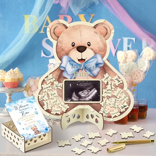 Image of Wenqik 63 Pcs Bear Baby Shower Guest Book Alternatives Set Baby Shower Decorations with Photo Frame Sonogram Frame Keepsake 60 Wood Slices Guest Book for Birthday