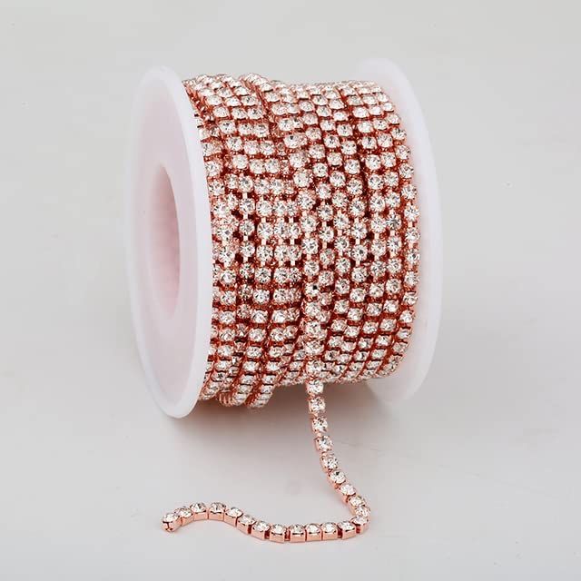 SS6-SS18 (2 mm-4,5 mm) srebrno-złota podstawa, przezroczysty, kryształ, gęsty łańcuszek z kryształem górskim, odzież, szkło stras, łańcuszek, kryształ, różowe złoto, SS16 (4 mm), rolka 10 jardów