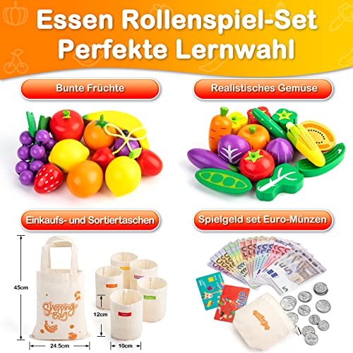 Foto von SEMKOTREE Kaufladen Zubehör Holz, Spiellebensmittel Kinderküche Zubehör, Kaufmannsladen Zubehör mit Spielgeld Euro Scheine und Münzen, Rollenspielzeug für Jungen Mädchen 3 Jahren