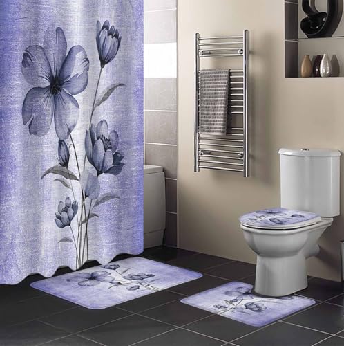 Purple Floral Bathroom Set with Shower Curtain and Rug Accessories - 36x72 Inches Long Vintage Botanical Gradient Pastel Painting Stall Curtain Waterproof with Large Bath Mat,Washable Runner Rug Set
