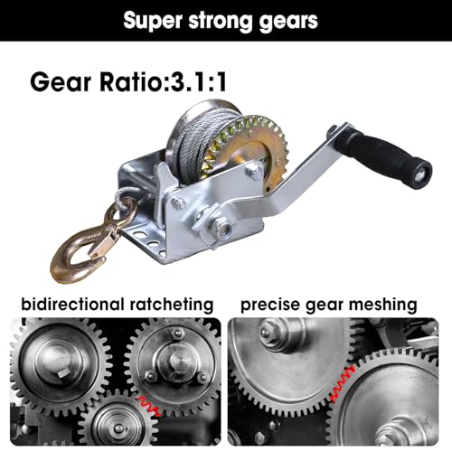 Image of BIG RED Torin Manual Hand Crank Winch: 26.3ft Steel Cable with 600lbs Capacity, Silver
