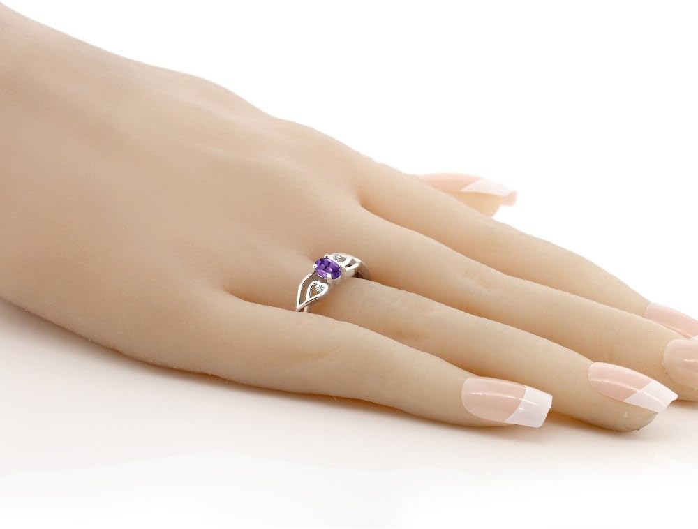 Gem Stone King 925 Sterling Silver Oval Purple Amethyst and White Lab Grown Diamond Ring For Women | 0.36 Cttw | Gemstone Birthstone | 3 Stone Wedding Engagement Anniversary Ring