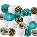 Furuix White Teal Grey Gold 10inch 8inch Tissue Paper Pom Pom Paper Lanterns Mixed Package for Teal Themed Party Wedding, Bridal Shower Decor Teal Blue Baby Shower Teal Wedding Decoration