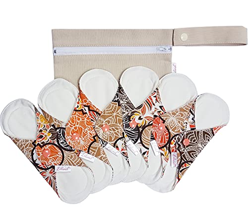 Lilind® Paquete de 6 almohadillas menstruales reutilizables de 9 pulgadas de tamaño regular juego completo cero residuos 100% algodón coral Orient Cover