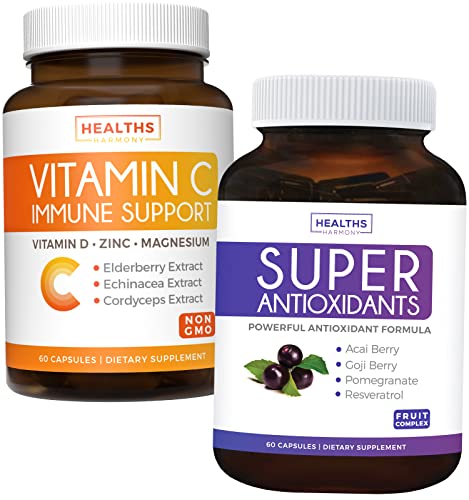 Save $4 (12% Off) - Immunity Boost Pack - Super Antioxidant Supplement With Acai Berry, Goji Berry, Pomegranate & Trans Resveratrol (60 Capsules) & Vitamin C Immune Support (Non-Gmo) (60 Veg Capsules) #TOP10