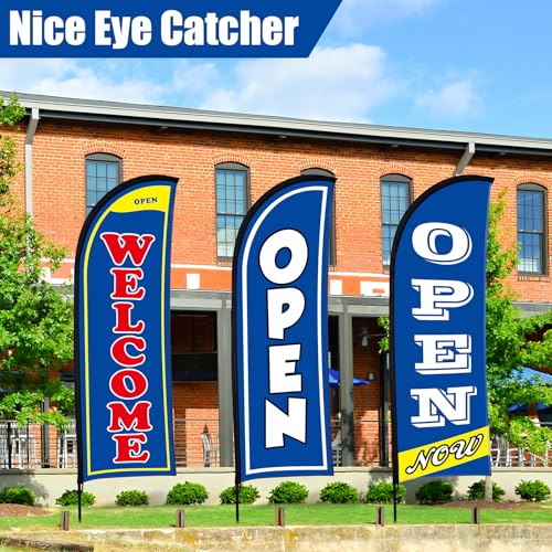 Image of Buryeah 3 Sets Now Open Feather Flag Banner for Business Advertising 7 Feet Tall Grand Opening Feather Flag Sign with Fiberglass Pole Kit Rotating Ground Spike and Portable Bag (Blue)