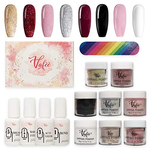 Vafee Dipping Powder Nail Starter Kit for 8 Colors , Gold Silver Red shining Series Colors dipping nail powder Nails System for French Nail Manicure Set No UV/LED Nail Lamp Needed