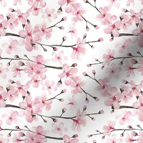 Spoonflower Fabric - Botanical, Sakura, Cherry Blossom, Watercolor, Girl, Nursery, Floral, Printed On Cotton Poplin Fabric By The Yard - Sewing Shirting Quilting Dresses Apparel Crafts #TOP5