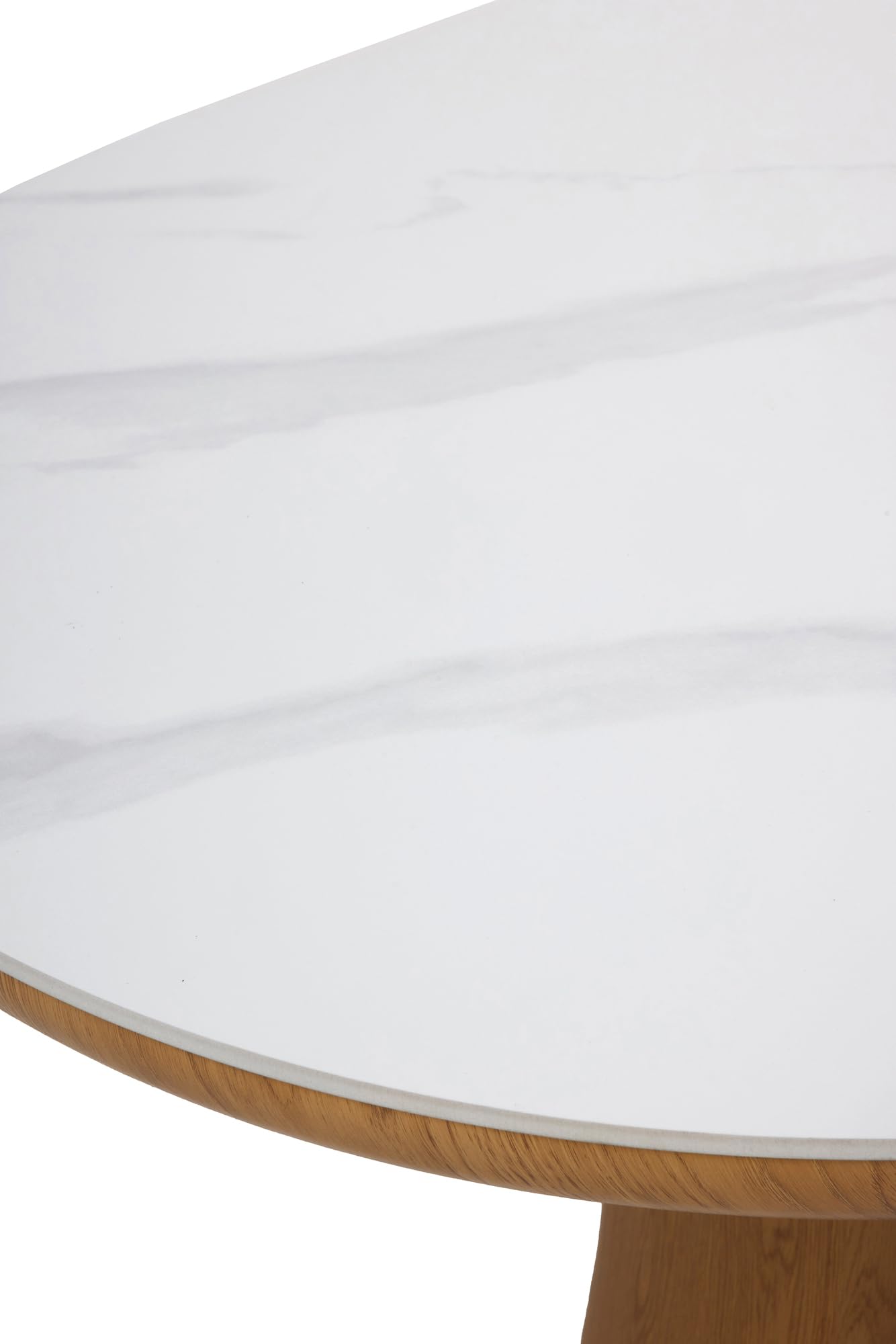 Table à manger ovale 200 x 100 cm MDF chêne avec surface en céramique effet marbre blanc Calacatta, design élégant et moderne pour salon ou salle à manger