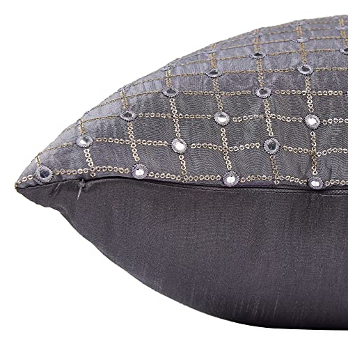 Image of Embroidered Cushion Covers 16x16 inches Set of 2 | Grey Sofa Cushion Covers 16 inch 1Decorative Pillows with Mirror and Sequins Embroidery | Grey Beaded Cushion Covers