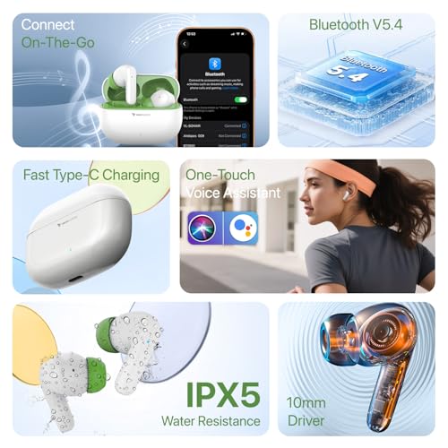 Image of Vaku Luxos SONAIR TWS Bluetooth 5.4 Earbuds | 60H Playtime | Touch Controls | Type-C Fast Charging | 10mm Driver | Voice Assistant | Deep Bass Wireless Earbuds with Charging Case- White /Green