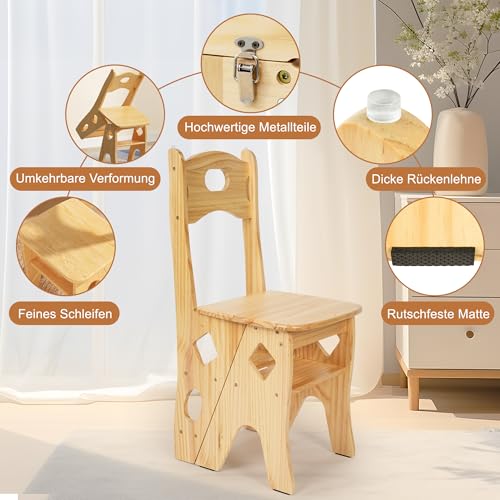 bimiti Tritthocker Klappbar, Lernturm Klappbar, Klappstuhl Holz bis 180 kg, Multifunktionale Blumenständer und Stuhl Ausstellungsständer, Hocker Zweizweck für Bibliothek, Büroe, Wohnzimmer