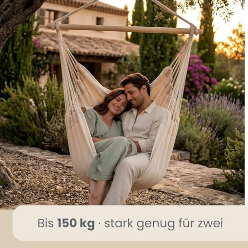 AMANKA XXL Hängesessel Beige 185x130 cm belastbar bis 150kg – Hängestuhl ideal zum Lesen & Entspannen – Hängesitz aus Baumwolle für Drinnen und Draussen ohne Gestell- Schwebesessel für 2 3