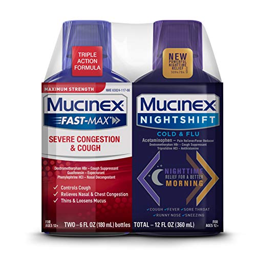 Mucinex Maximum Strength Severe Congestion & Cough & Nightshift Cold & Flu Liquid for Multi-Symptom Relief, 6 Fl Oz (Pack of 2)