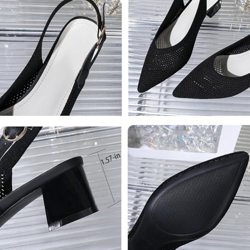 Slingback Heels for Women Closed Pointed Toe Cute Bowknot Knitted Low Chunky Block Heel Pumps with Ankle Strap Summer Work Party Dress Shoes4
