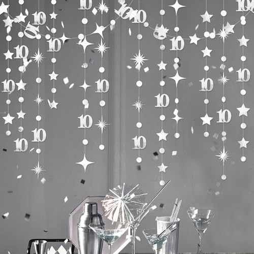 Image of Silver 10th Birthday Decorations Number 10 Circle Dot Twinkle Star Garland Metallic Hanging Streamer Banner Backdrop for Girls Boys Double Digits Ten Year Old Birthday 10th Anniversary Party Supplies