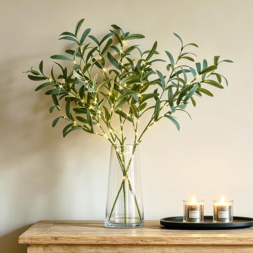 Hairui Lighted Olive Branches with Timer 24IN 72LED Battery Operated, Artificial Greenery Olive Tree Branch with Fairy Lights for Wedding Christmas Home Indoor Outdoor Decoration
