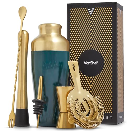 VonShef Cocktail Shaker Set, Gold & Green 6pc Set with Parisian Cocktail Shaker, Bartender Kit w/ Strainer, Muddler, Jigger & More, Gift Box Included